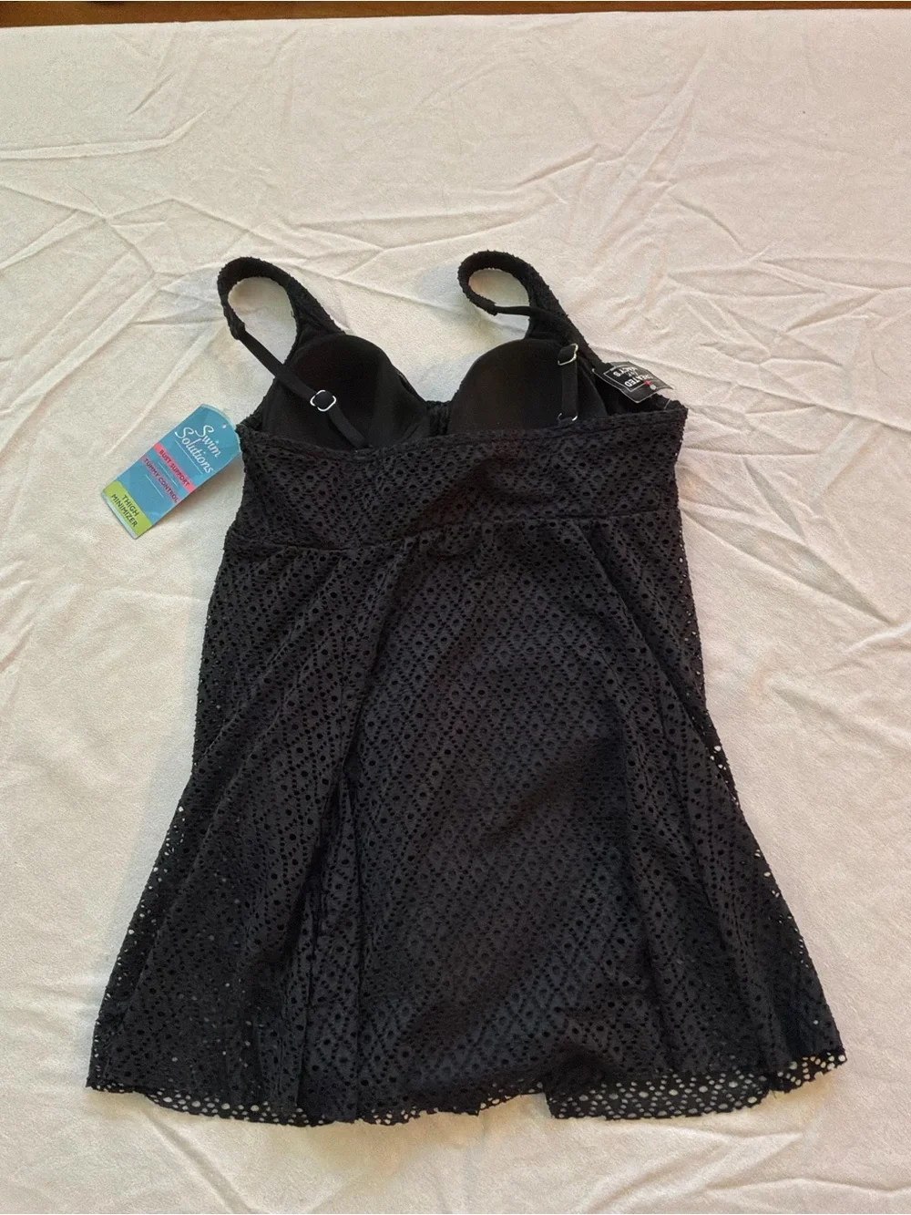 ******* Swim Solutions Black Eyelet One-Piece Swimdress ****** - Picture 5 of 6